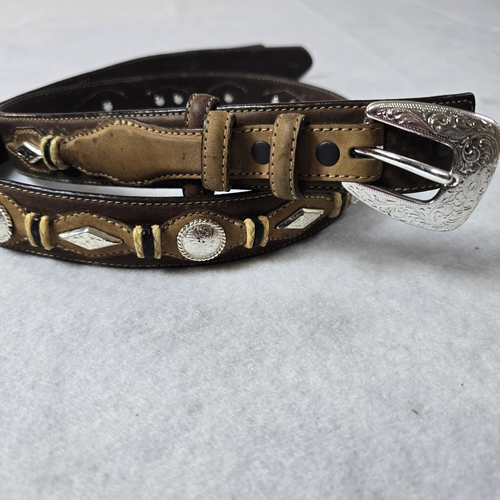 Justin Southwestern Leather Belt Size 38 Tapered Conchos Cowgirl Rodeo Ranch